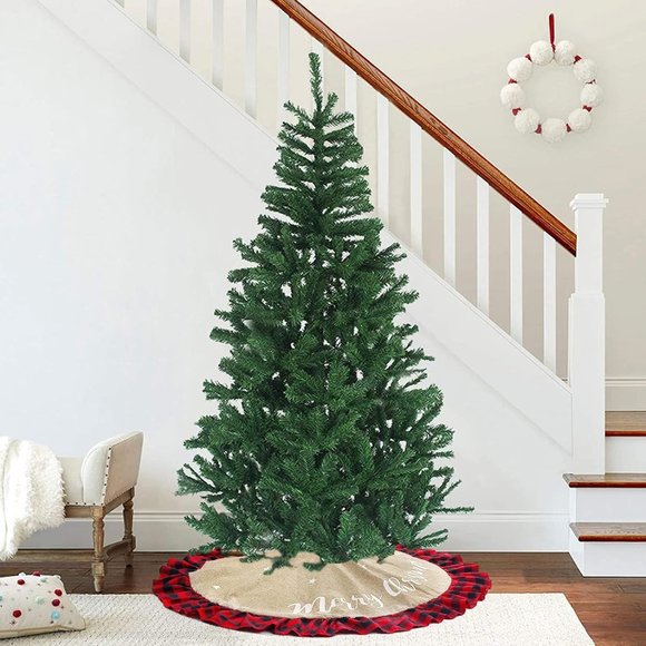 Meriwoods Burlap Tree Skirt w/Ruffled Plaid Trim Rustic "Merry Christmas" - Picture 3 of 6